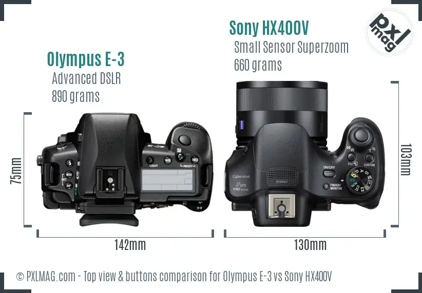 Olympus E-3 vs Sony HX400V top view buttons comparison