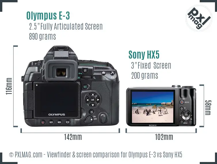 Olympus E-3 vs Sony HX5 Screen and Viewfinder comparison