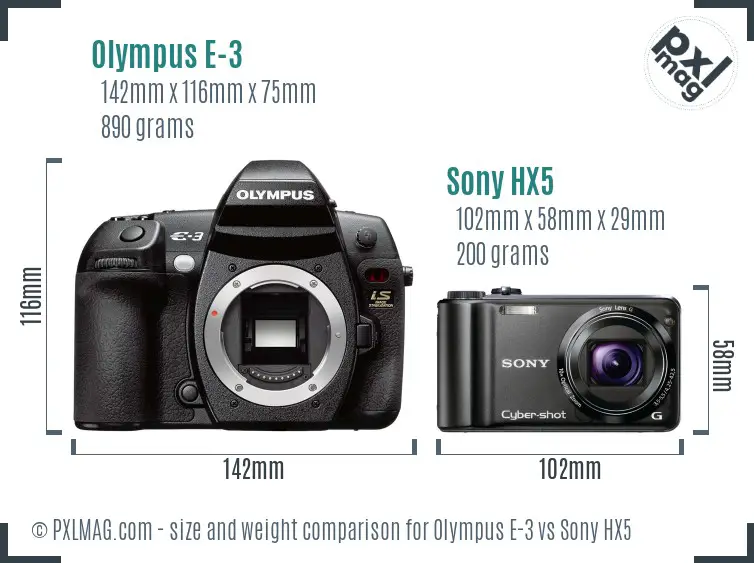 Olympus E-3 vs Sony HX5 size comparison