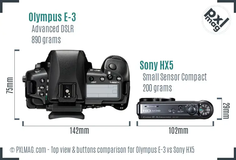 Olympus E-3 vs Sony HX5 top view buttons comparison