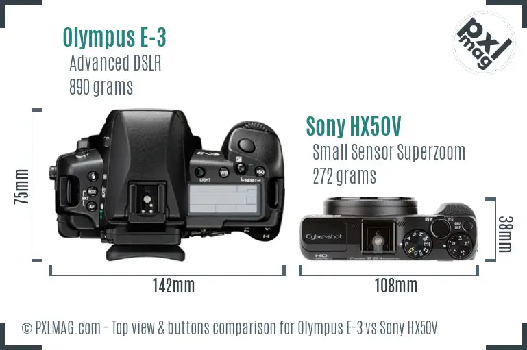 Olympus E-3 vs Sony HX50V top view buttons comparison