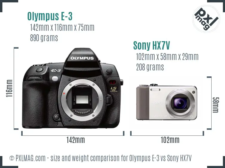 Olympus E-3 vs Sony HX7V size comparison