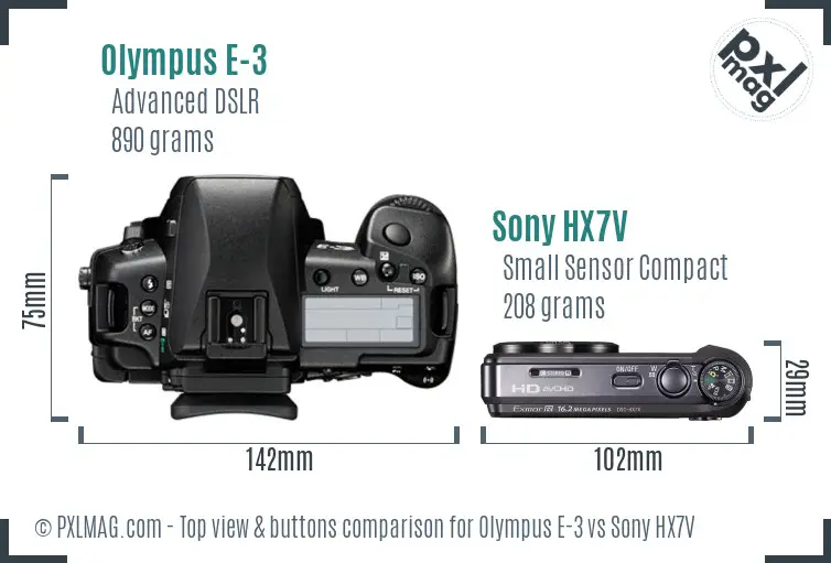 Olympus E-3 vs Sony HX7V top view buttons comparison