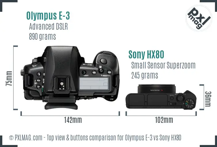 Olympus E-3 vs Sony HX80 top view buttons comparison
