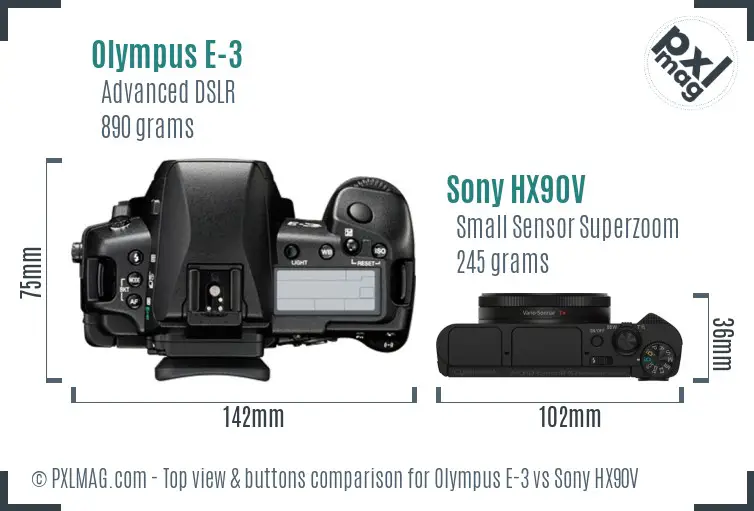 Olympus E-3 vs Sony HX90V top view buttons comparison