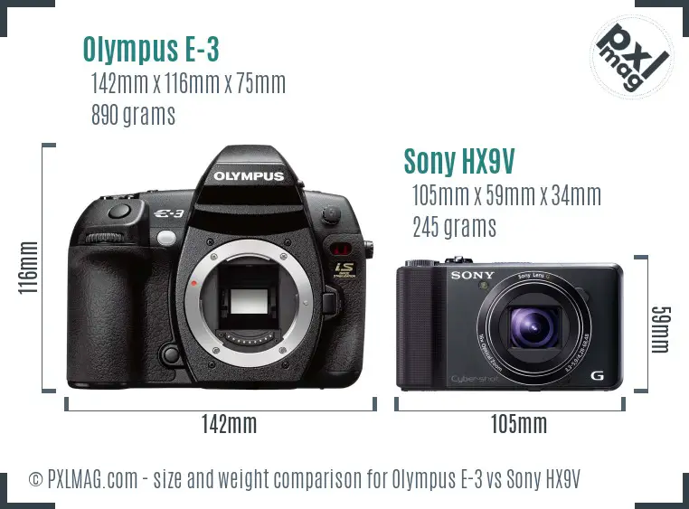 Olympus E-3 vs Sony HX9V size comparison