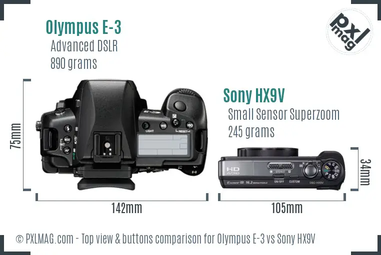 Olympus E-3 vs Sony HX9V top view buttons comparison