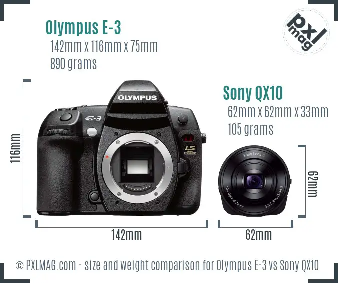 Olympus E-3 vs Sony QX10 size comparison