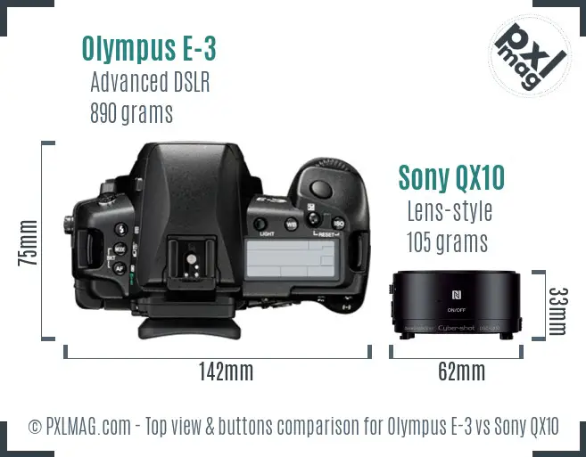 Olympus E-3 vs Sony QX10 top view buttons comparison