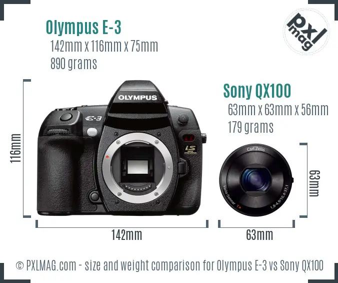Olympus E-3 vs Sony QX100 size comparison