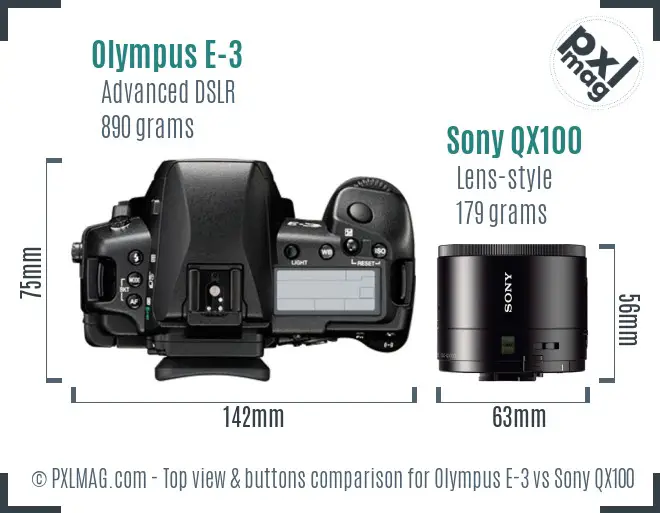 Olympus E-3 vs Sony QX100 top view buttons comparison