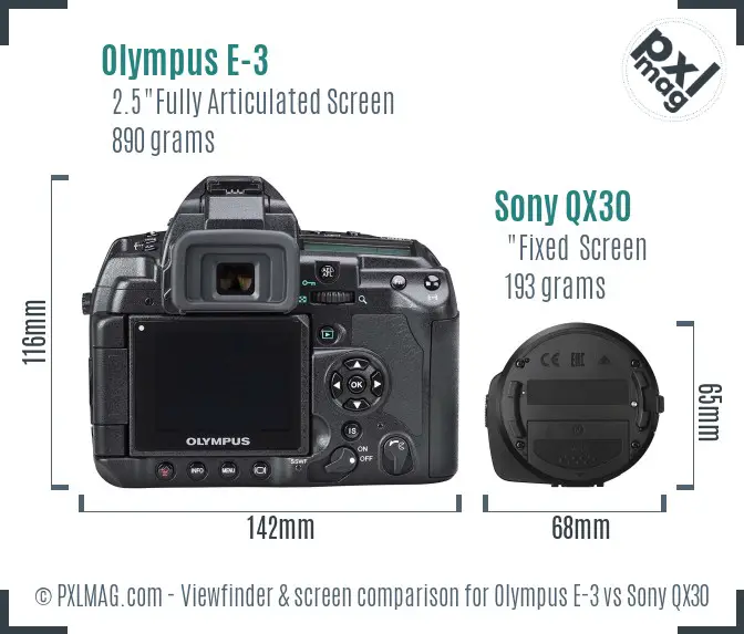 Olympus E-3 vs Sony QX30 Screen and Viewfinder comparison