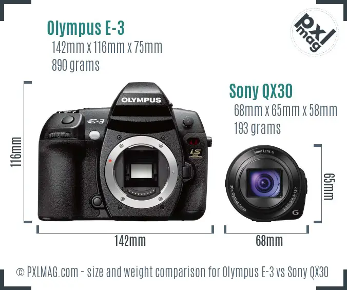 Olympus E-3 vs Sony QX30 size comparison
