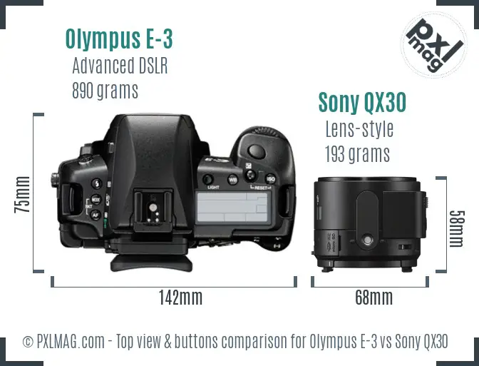 Olympus E-3 vs Sony QX30 top view buttons comparison