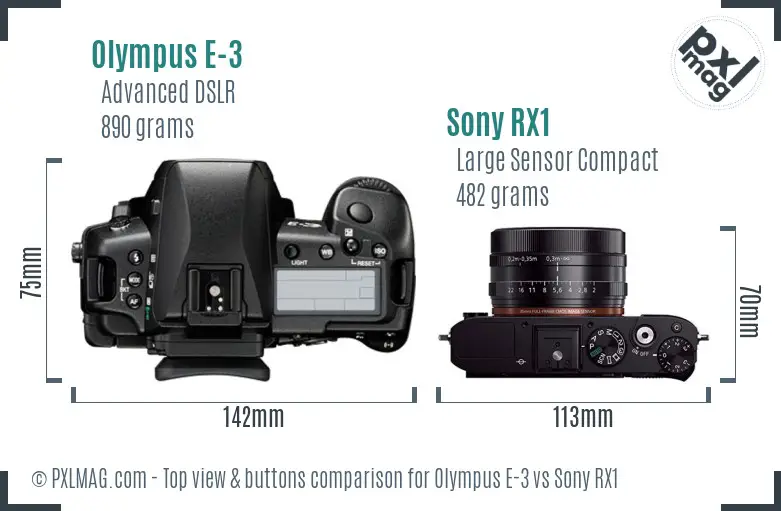 Olympus E-3 vs Sony RX1 top view buttons comparison