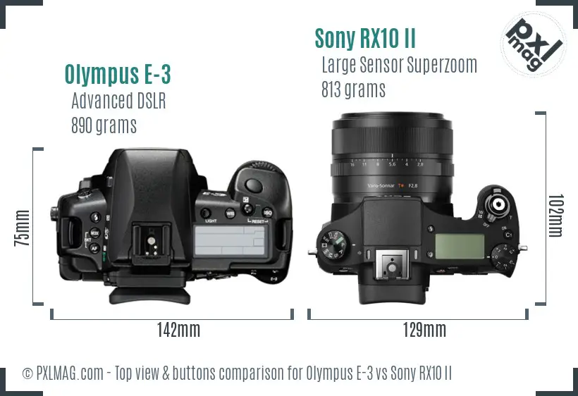 Olympus E-3 vs Sony RX10 II top view buttons comparison