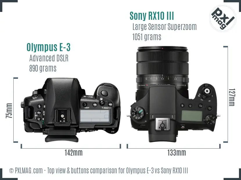 Olympus E-3 vs Sony RX10 III top view buttons comparison