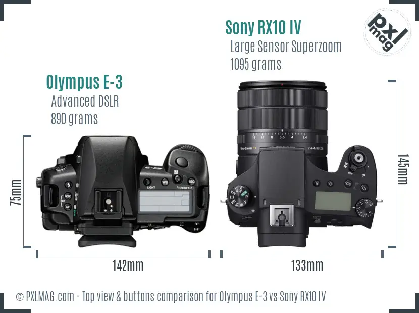 Olympus E-3 vs Sony RX10 IV top view buttons comparison