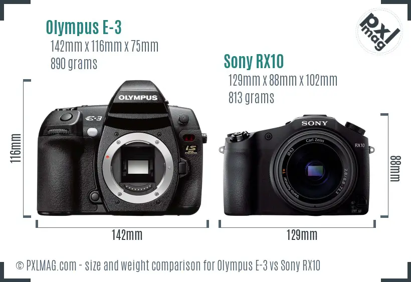 Olympus E-3 vs Sony RX10 size comparison