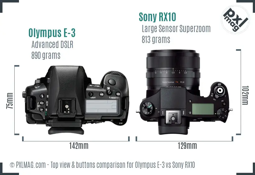 Olympus E-3 vs Sony RX10 top view buttons comparison