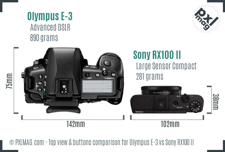 Olympus E-3 vs Sony RX100 II top view buttons comparison