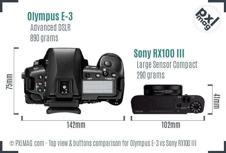 Olympus E-3 vs Sony RX100 III top view buttons comparison