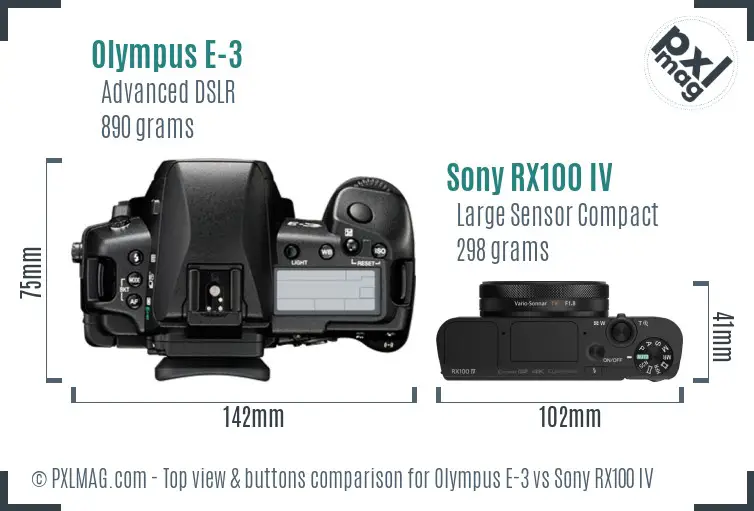 Olympus E-3 vs Sony RX100 IV top view buttons comparison