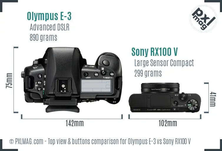 Olympus E-3 vs Sony RX100 V top view buttons comparison