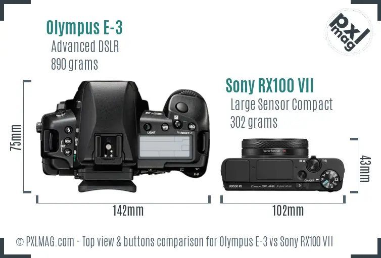 Olympus E-3 vs Sony RX100 VII top view buttons comparison Olympus E-3 vs Sony RX100 VII top view buttons comparison