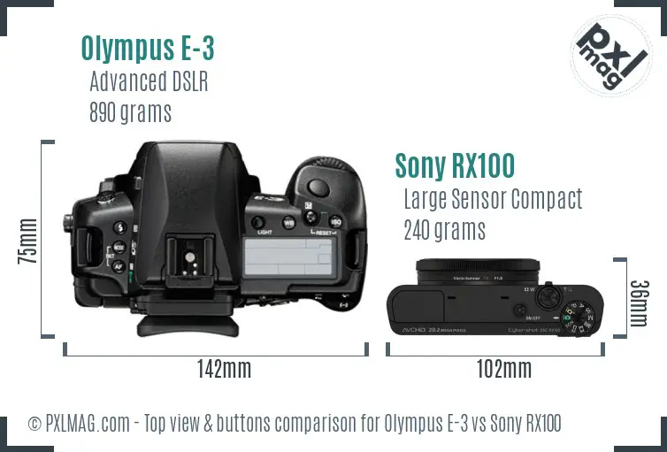 Olympus E-3 vs Sony RX100 top view buttons comparison