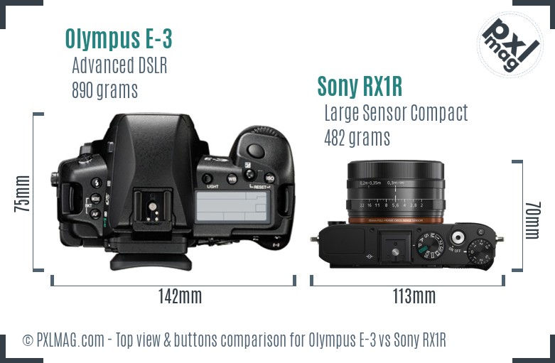 Olympus E-3 vs Sony RX1R top view buttons comparison