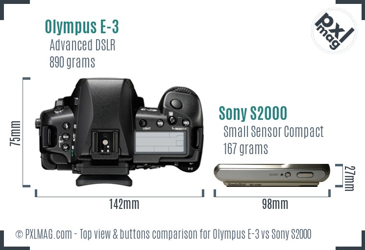 Olympus E-3 vs Sony S2000 top view buttons comparison