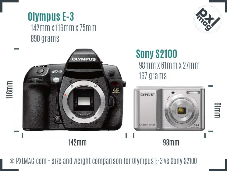 Olympus E-3 vs Sony S2100 size comparison Olympus E-3 vs Sony S2100 size comparison