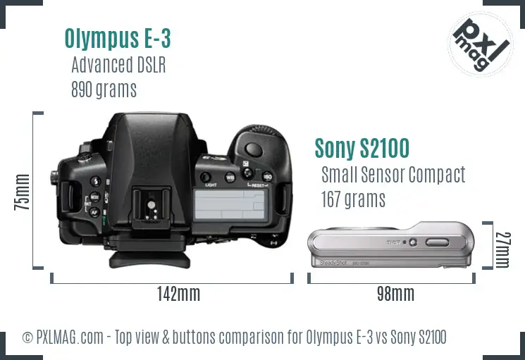 Olympus E-3 vs Sony S2100 top view buttons comparison Olympus E-3 vs Sony S2100 top view buttons comparison
