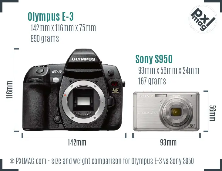 Olympus E-3 vs Sony S950 size comparison