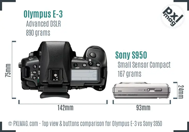 Olympus E-3 vs Sony S950 top view buttons comparison