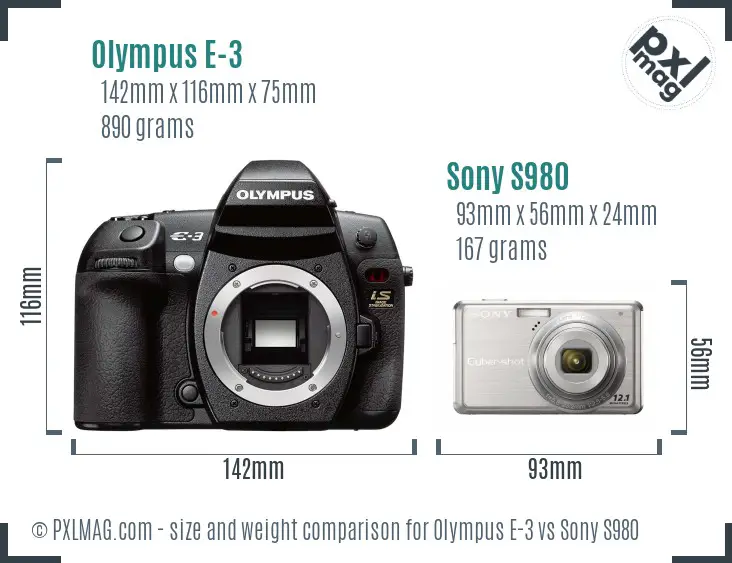 Olympus E-3 vs Sony S980 size comparison