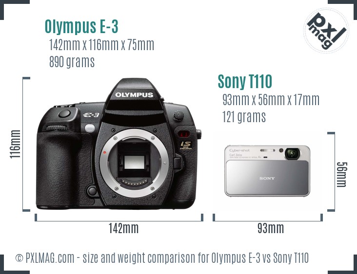 Olympus E-3 vs Sony T110 size comparison