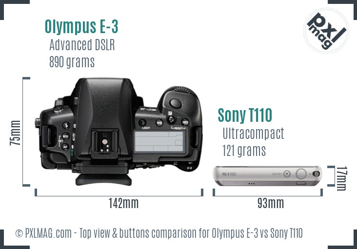 Olympus E-3 vs Sony T110 top view buttons comparison