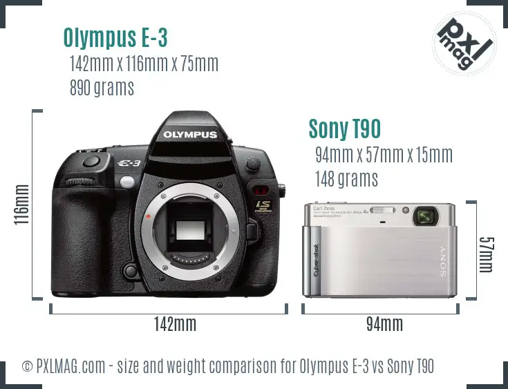 Olympus E-3 vs Sony T90 size comparison