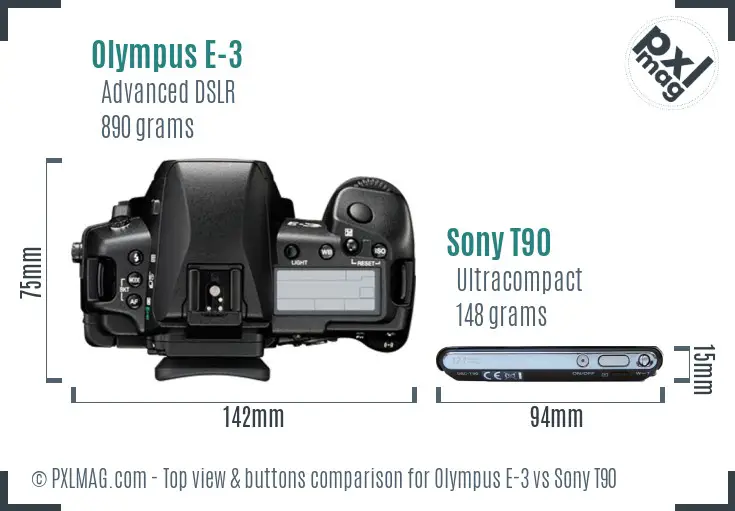 Olympus E-3 vs Sony T90 top view buttons comparison