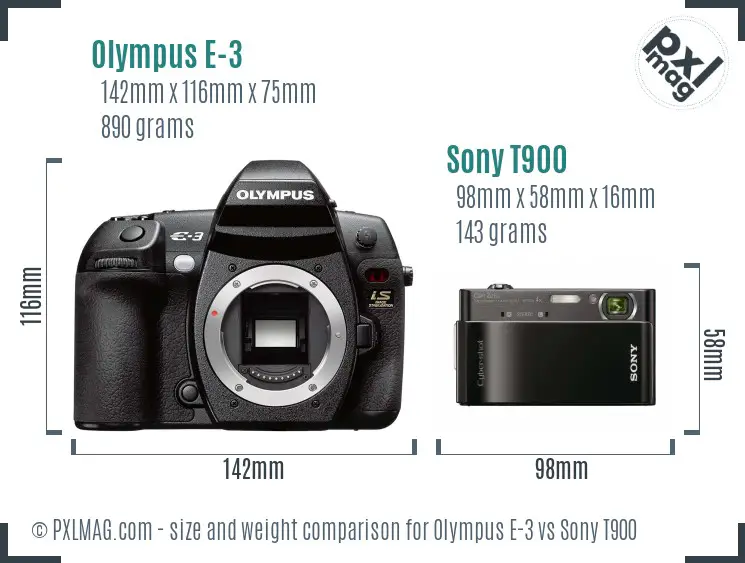 Olympus E-3 vs Sony T900 size comparison