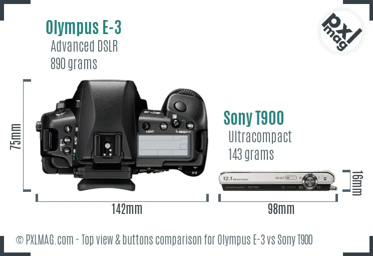 Olympus E-3 vs Sony T900 top view buttons comparison