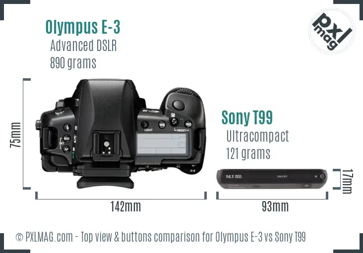 Olympus E-3 vs Sony T99 top view buttons comparison