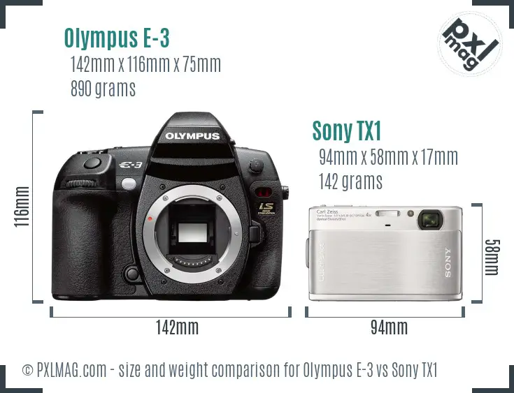 Olympus E-3 vs Sony TX1 size comparison