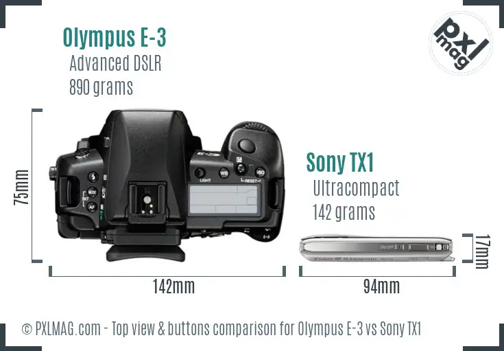 Olympus E-3 vs Sony TX1 top view buttons comparison