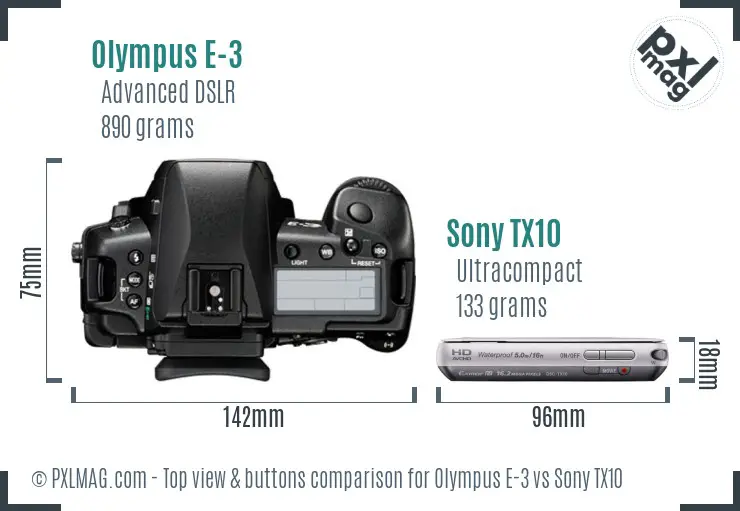 Olympus E-3 vs Sony TX10 top view buttons comparison