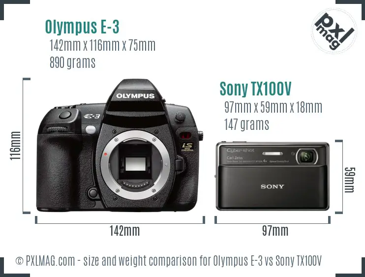 Olympus E-3 vs Sony TX100V size comparison