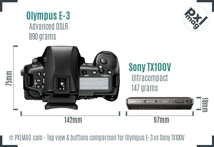 Olympus E-3 vs Sony TX100V top view buttons comparison