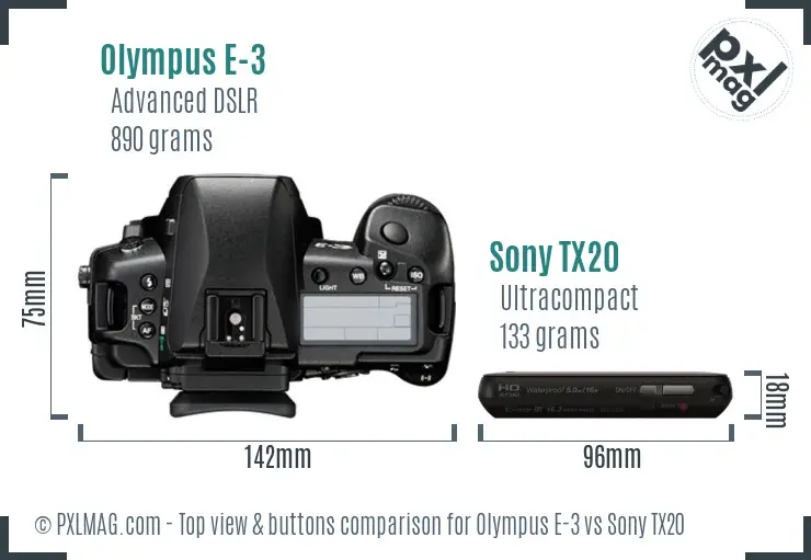 Olympus E-3 vs Sony TX20 top view buttons comparison